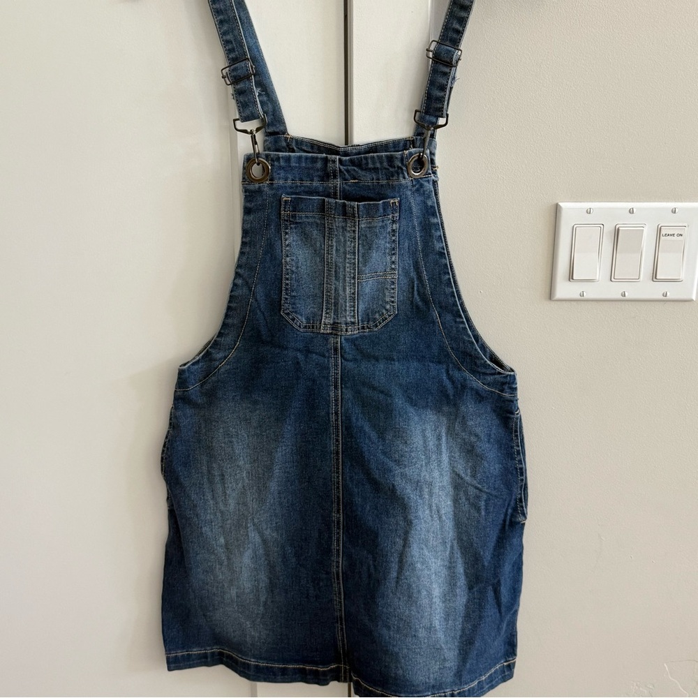 Vtg Hot Kiss Y2K Bib Overall Jean Mini Dress Blue Denim Jumper Womens Size 5